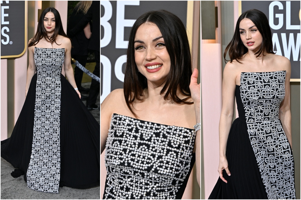 Ana de Armas, a quien se le vio platinada en el filme "Rubia" al interpretar a Marilyn Monroe, usó un vestido Louis Vuitton negro con intrincados detalles geométricos en plateado, sin tirantes.