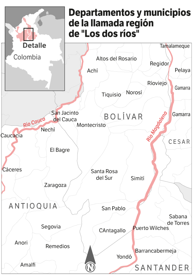 Mapa con los departamentos y municipios de la llamada región de "Los dos ríos"