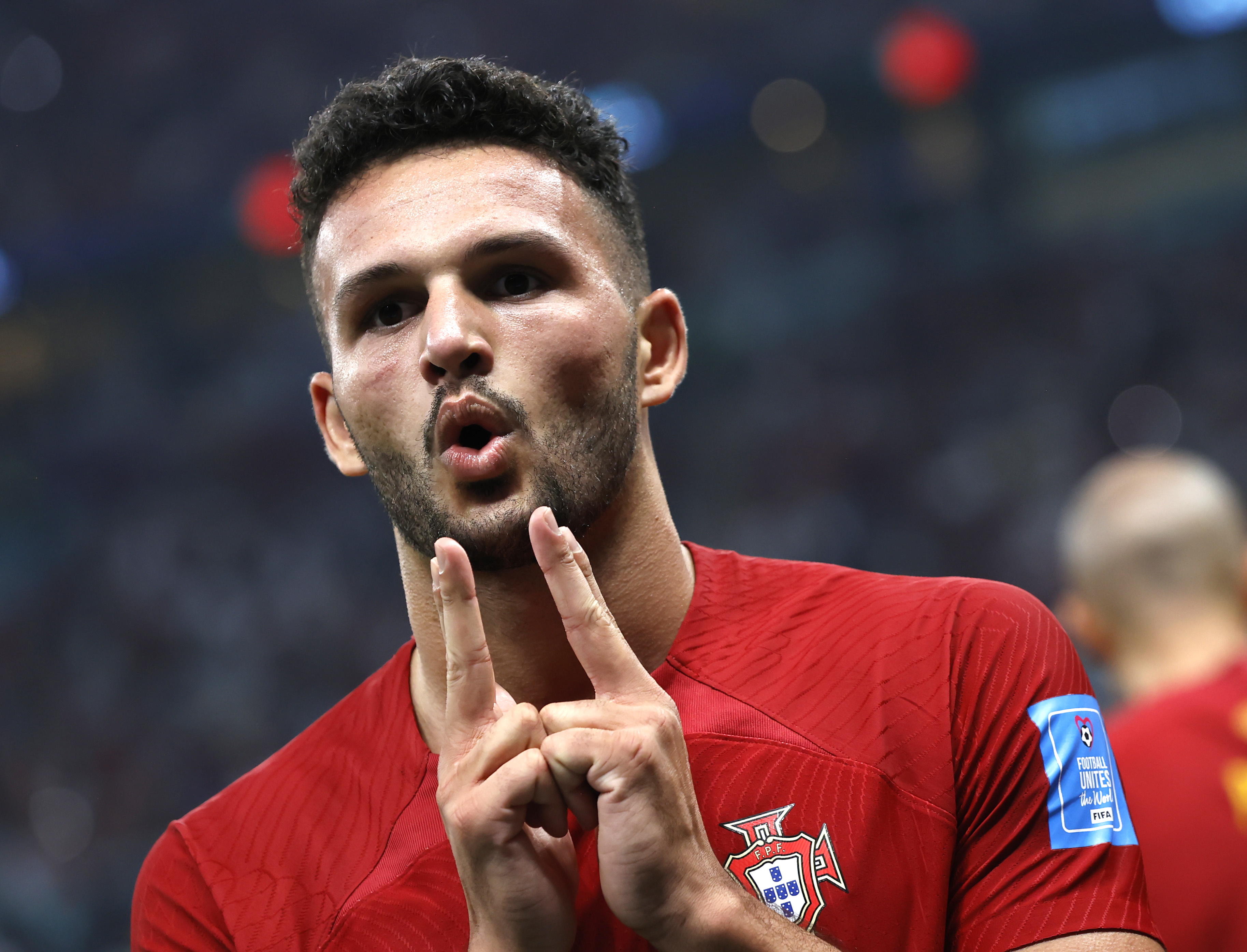 Lusail (Qatar), 06/12/2022.- Goncalo Ramos of Portugal celebrates scoring the opening goal during the FIFA World Cup 2022 round of 16 soccer match between Portugal and Switzerland at Lusail Stadium in Lusail, Qatar, 06 December 2022. (Mundial de Fútbol, Abierto, Suiza, Estados Unidos, Catar) EFE/EPA/Rolex dela Pena