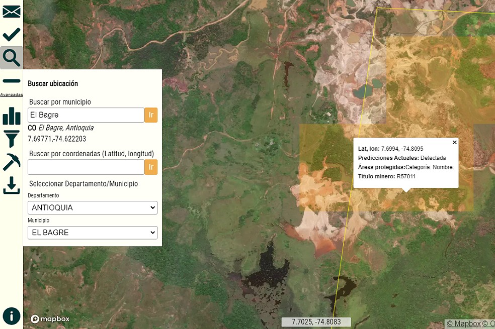Se puede ubicar cualquier municipio de Colombia en el mapa y activar diferentes capas para visualizar la situación de la zona.