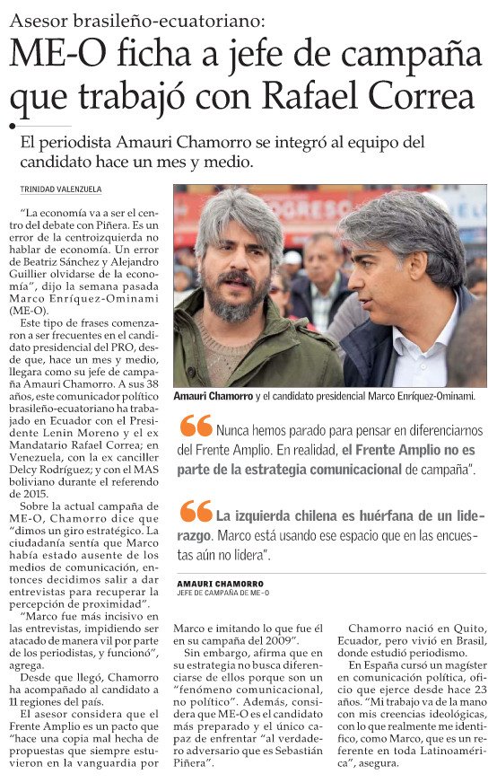 Facsímil de la nota de prensa que reportó la llegada de Chamorro a la campaña de Marco Enriquez-Ominami.