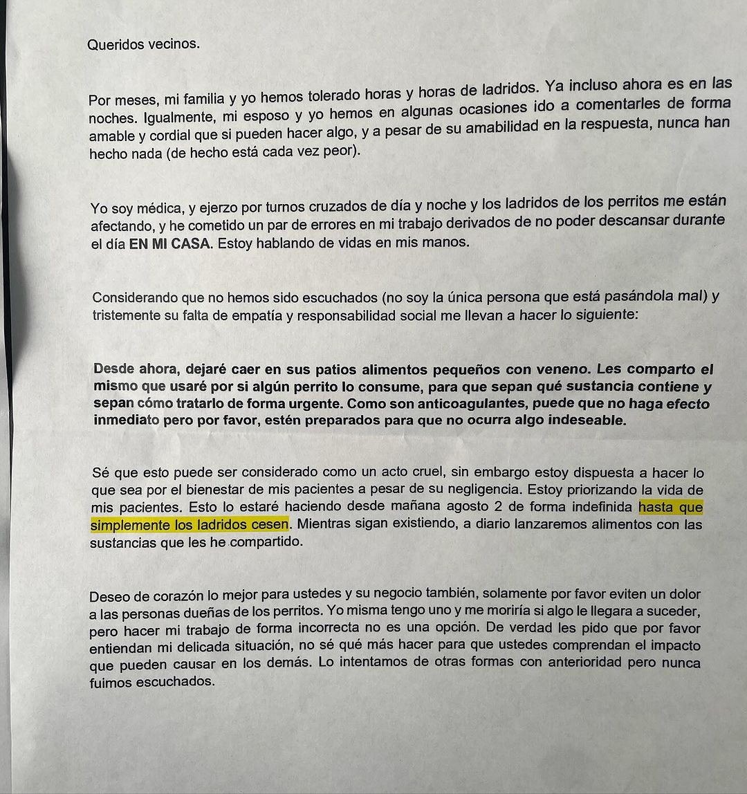 Carta en la cual, la presunta médica, amenazó a la clínica veterinaria.