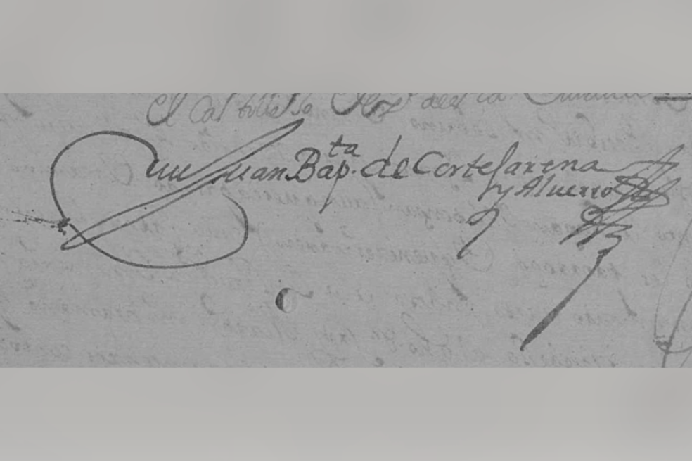 Firma de Juan Bautista de Cortejarena en el poder dejado a su tío, sobrino y socio. Protocolos notariales del Puerto de Santa María, 1706.