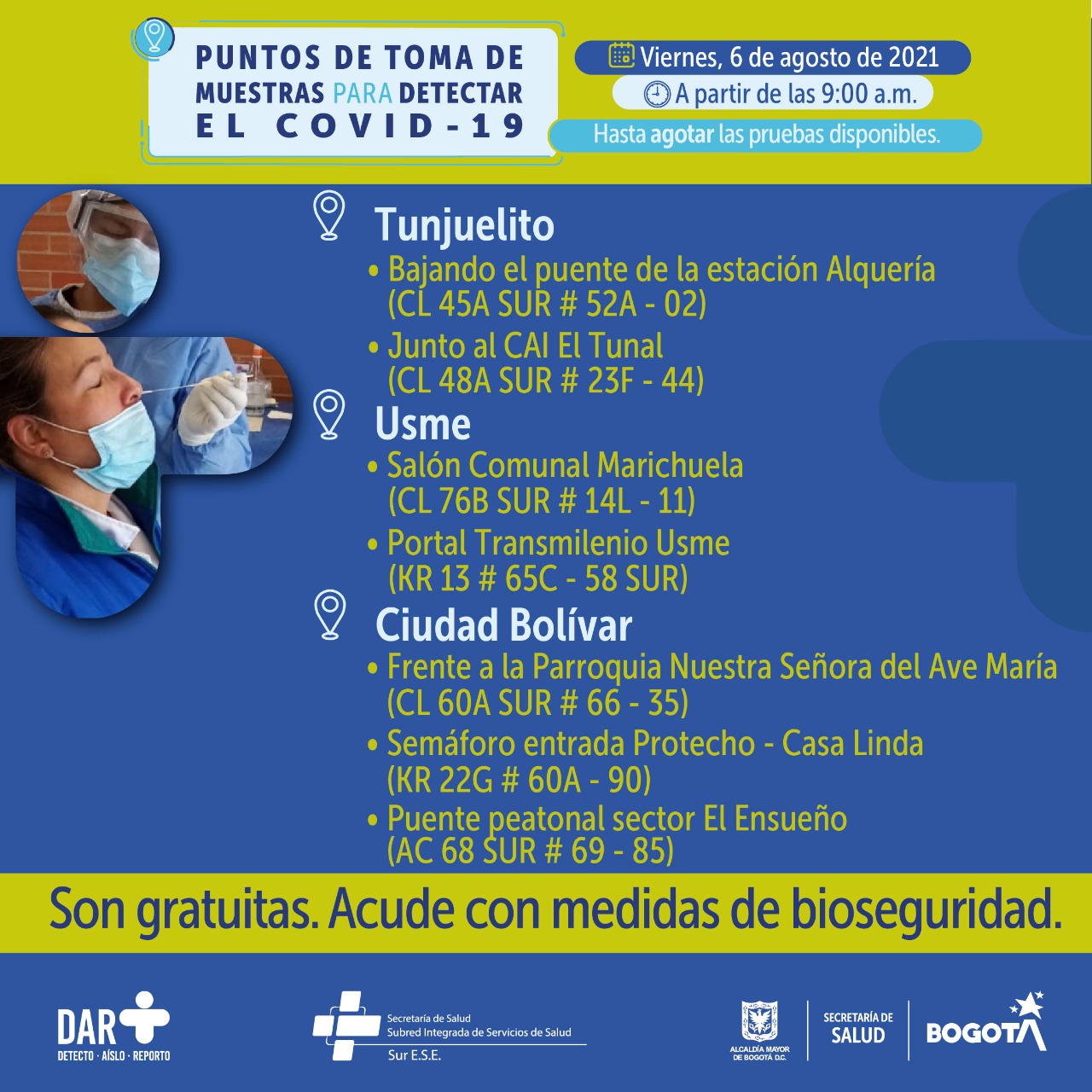 En estos puntos se toman pruebas gratuitas de COVID-19 este 6 de agosto en Bogotá
