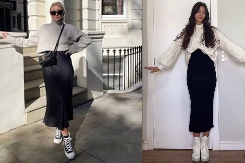 Una de las mejores combinaciones para las faldas midi es usarlos con sacos oversize especiales para las temporadas de frío