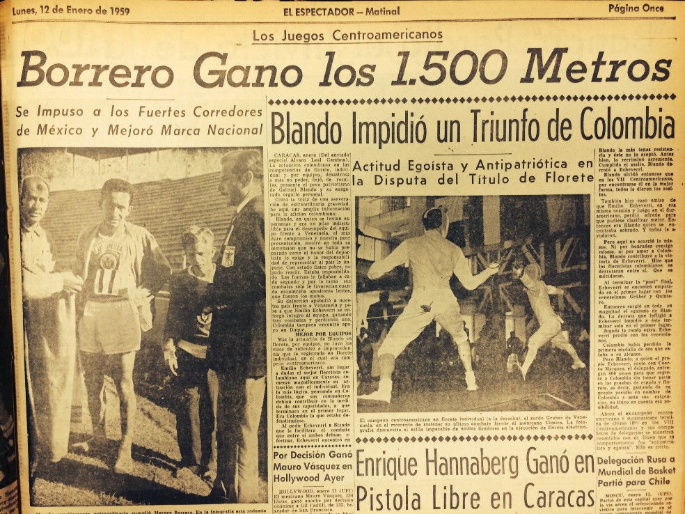 Facsímil de El Espectador del 12 de neo de 1959, que reseñó la resonante victoria del vallecaucano Harvey Borrero en los 1.500 metros de los Juegos Centroamericanos y del Caribe, con récord regional de 4:04 minutos.