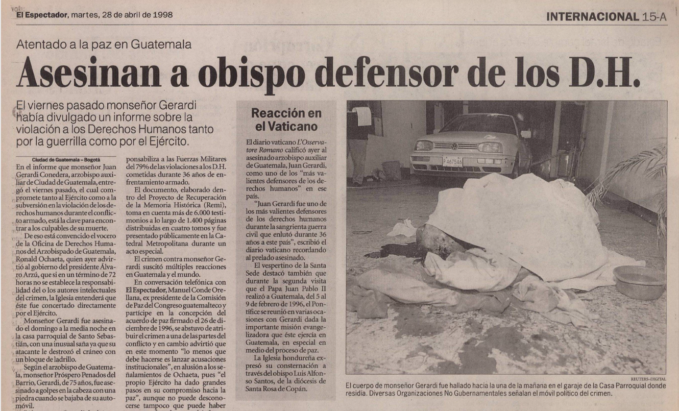 Noticia en el archivo de El Espectador sobre el asesinato de monseñor Gerardi en 1998.