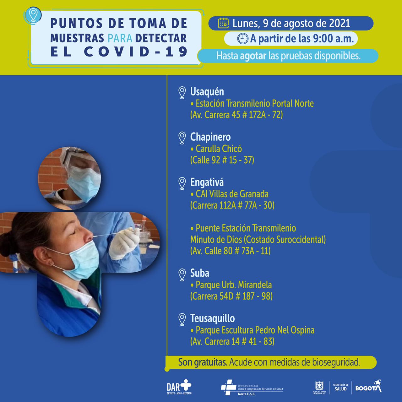 Puntos de tomas de prueba de COVID-19 en Bogotá para este 9 de agosto.