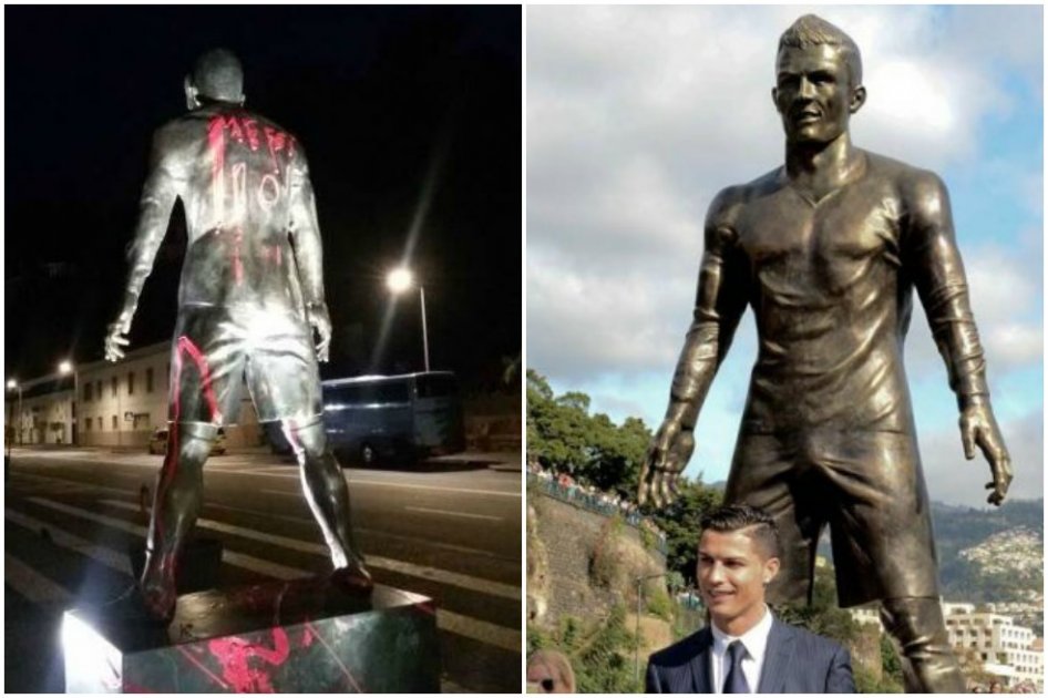 Estatua de Cristiano Ronaldo en Portugal fue pintada con el nombre y dorsal de Messi
