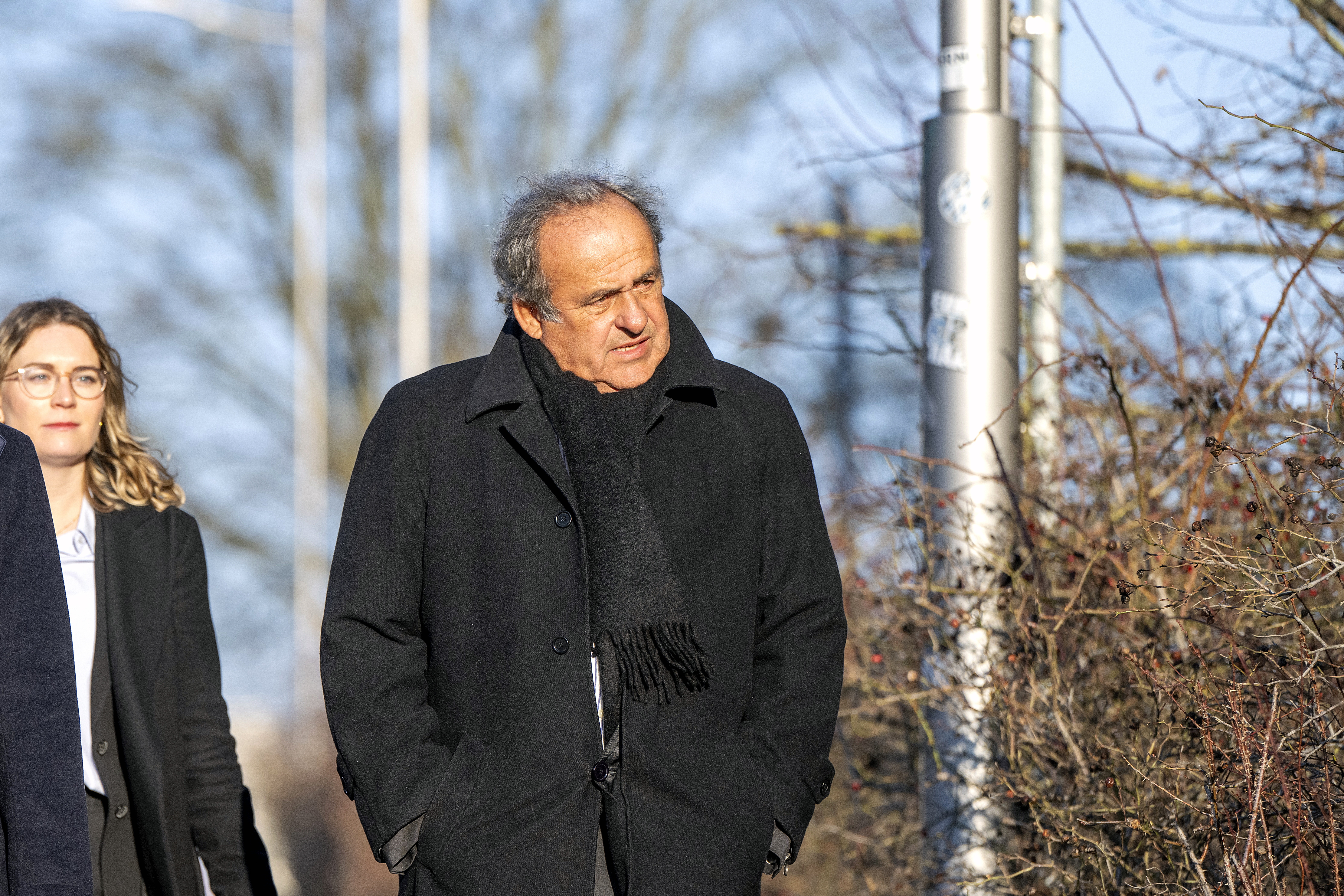 Muttenz (Switzerland), 03/03/2025.- Former UEFA president Michel Platini (R) arrives at the Special appeals court, in Muttenz, near Basel, Switzerland, 03 March 2025. The court will hear Switzerland's Attorney General's office (OAG) request to reopen proceedings against Blatter, former FIFA President, and Michel Platini, former President of UEFA, both acquitted in 2022 of corruption charges involving a controversial payment that then FIFA President Blatter ordered to Michel Platini in 2011, and hand down a verdict by March 25. (Suiza, Basilea) EFE/EPA/URS FLUEELER