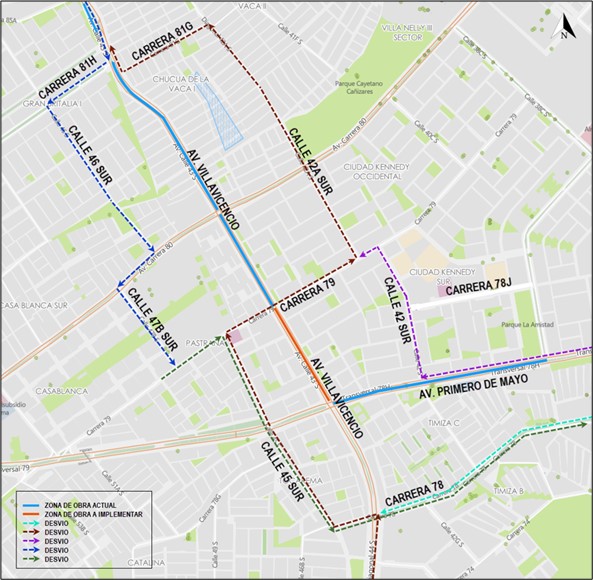 Mapa desvíos tráfico mixto en Av. Villavicencio.