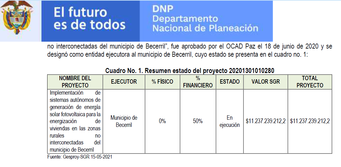 Documento del DNP en el que responden el derecho de petición de los resguardos indígenas indicando que el proyecto "está en ejecución".