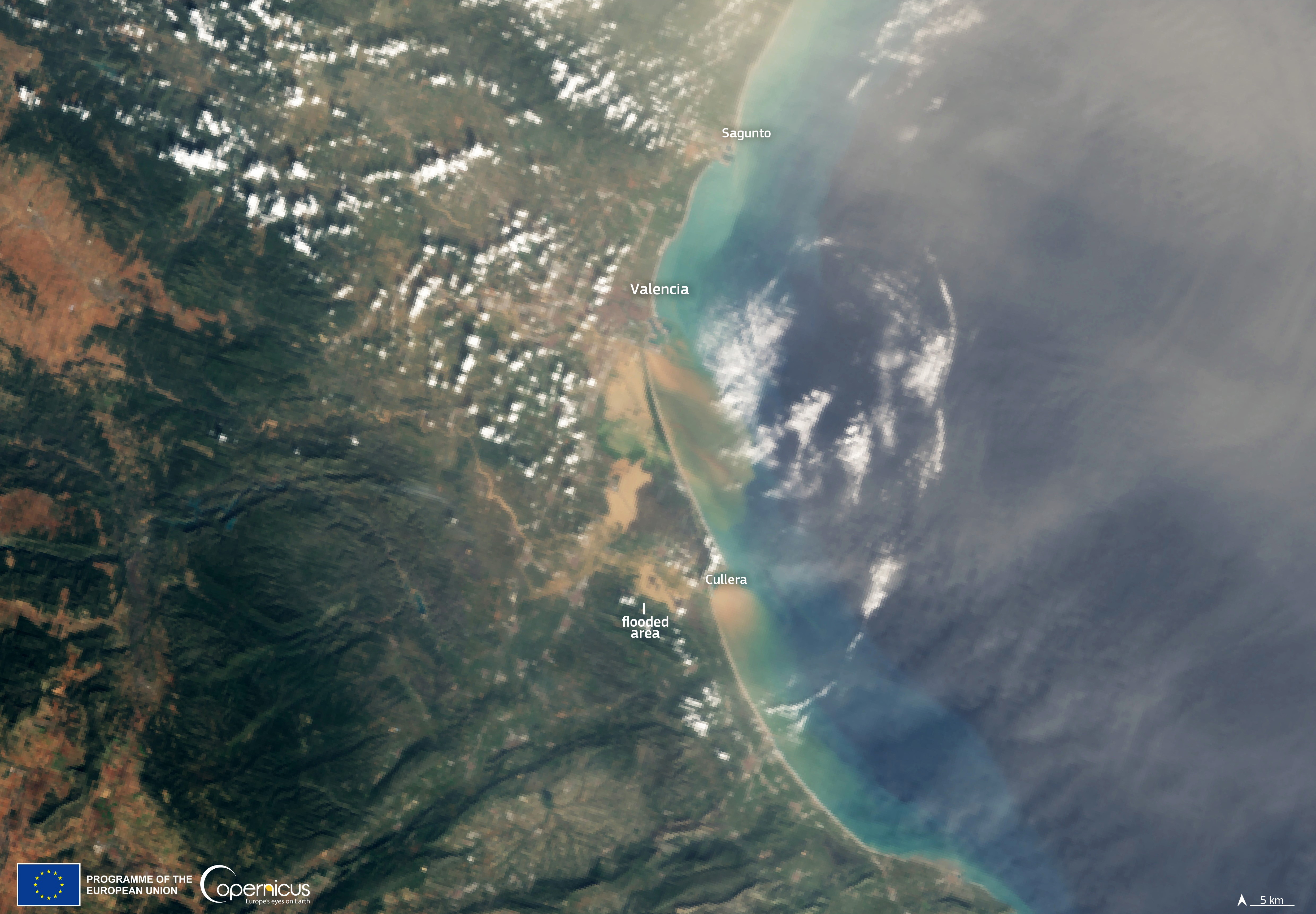Valencia (Spain), 30/10/2024.- A handout satellite image made available by Copernicus, the European Union's Earth Observation Programme, on 31 October 2024 shows Spain's eastern province of Valencia after torrential rains, 30 October 2024. More than 100 people have died in the province of Valencia and neighboring provinces following floods caused by a DANA (high-altitude isolated depression) weather phenomenon impacting the east of the country. According to Spain's national weather agency (AEMET), on 29 October 2024 Valencia received a year's worth of rain, causing flash floods that destroyed homes and swept away vehicles. (Inundaciones, España) EFE/EPA/EUROPEAN UNION, COPERNICUS SENTINEL IMAGERY HANDOUT -- MANDATORY CREDIT: EUROPEAN UNION, COPERNICUS SENTINEL-3 IMAGERY --HANDOUT EDITORIAL USE ONLY/NO SALES