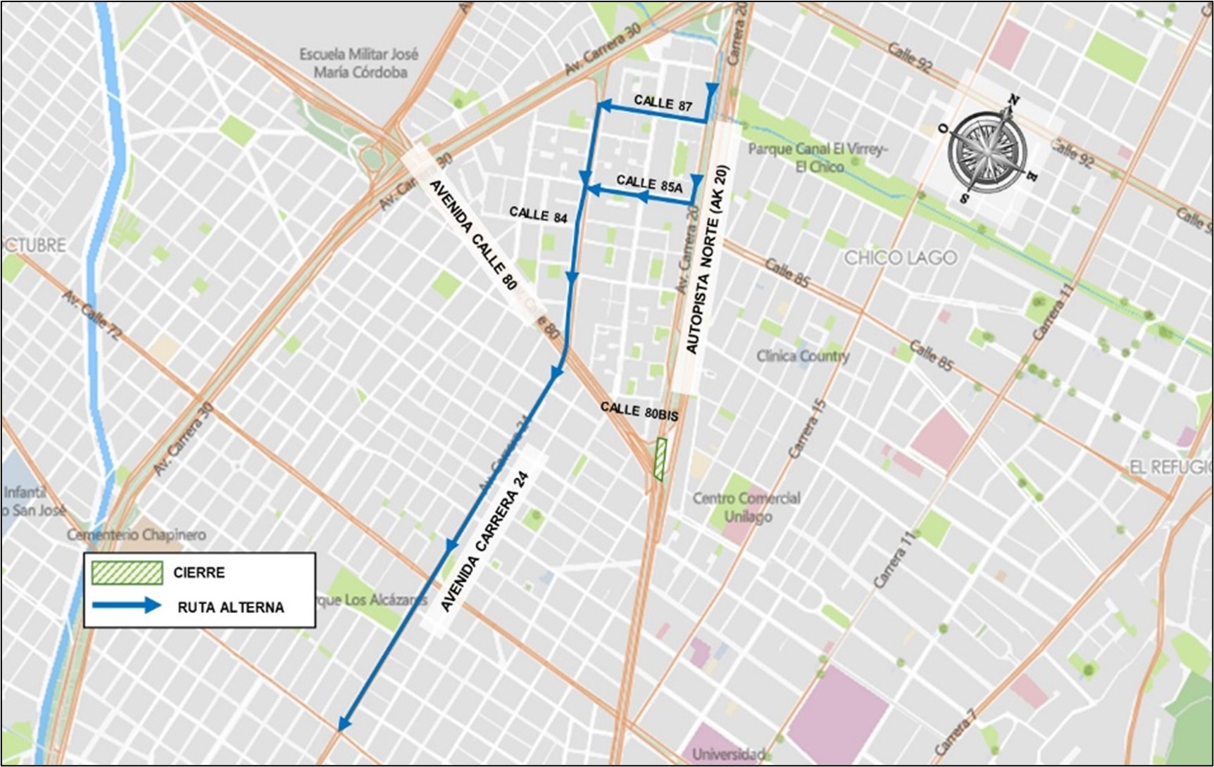 Rutas alternas por cierre de autopista con calle 80.