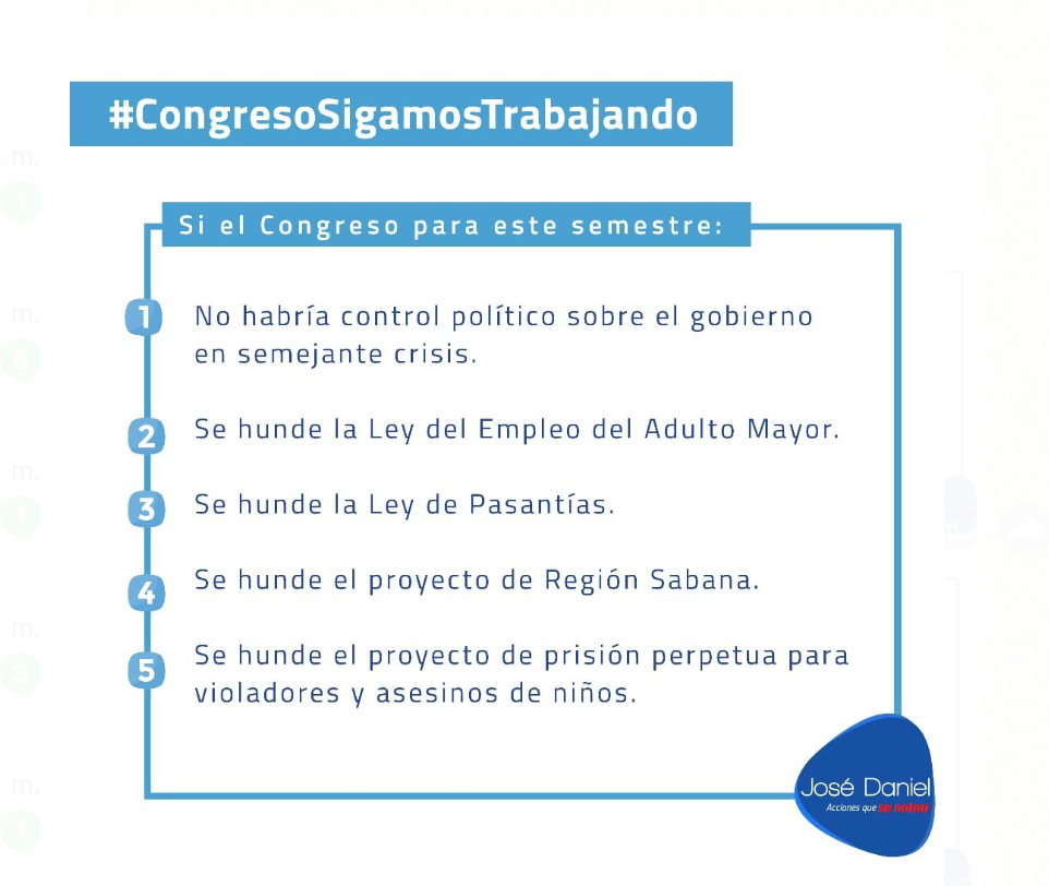 José Daniel López explica, según él, cuáles serían las consecuencias de que el Congreso pare este semestre por cuenta del coronavirus.Representante José Daniel LópezSegún López, las sesiones y el voto virtual se fundamentan en el artículo 140 de la Constitución (el mismo citado por Goebertus), que dicta que los presidentes de la Cámara y el Senado pueden disponer de otra sede para el Congreso, en caso de que se perturbe el orden público.