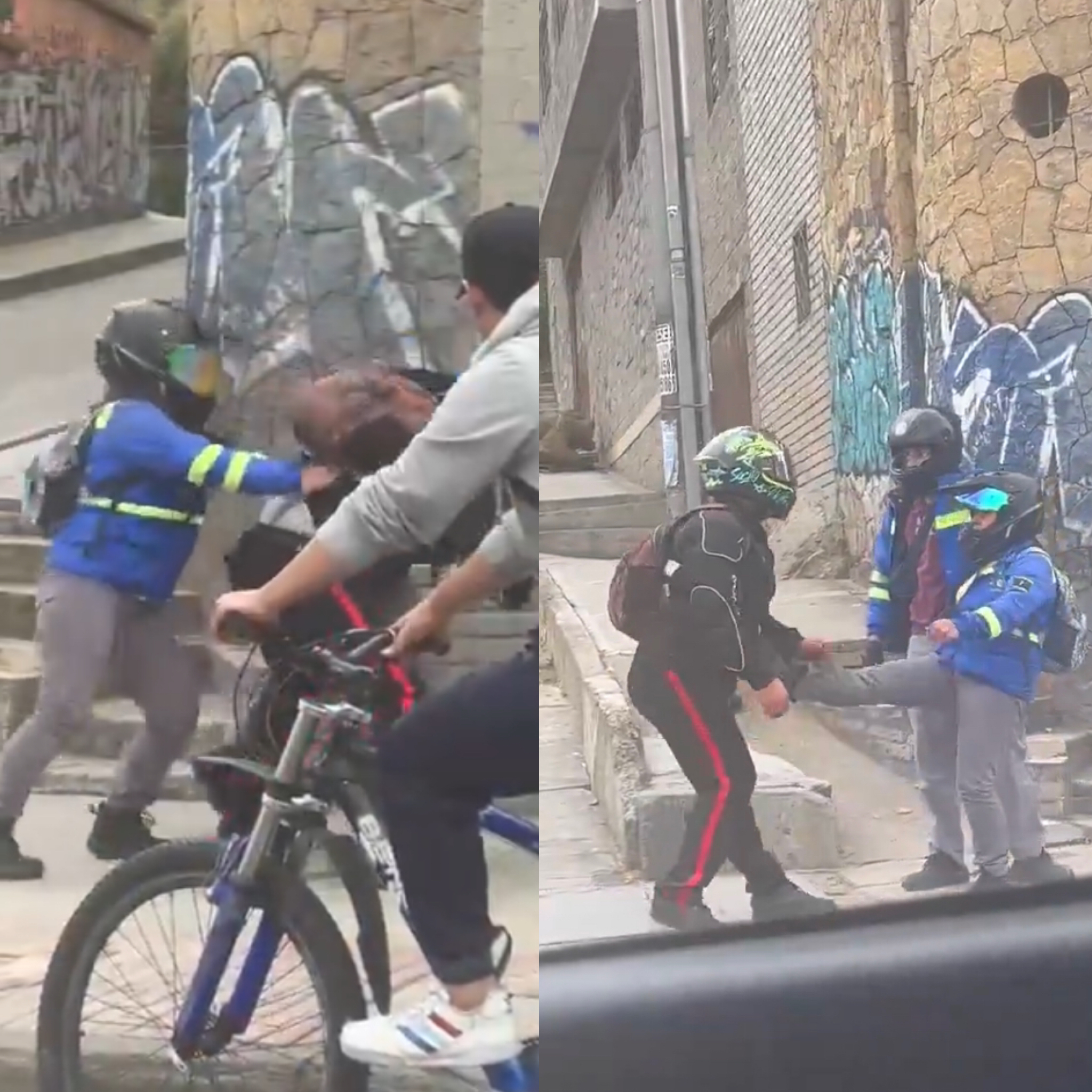 El video capturado a plena luz del día se puede ver como una mujer de la empresa defiende a su compañero quien está siendo golpeado por un motociclista.
