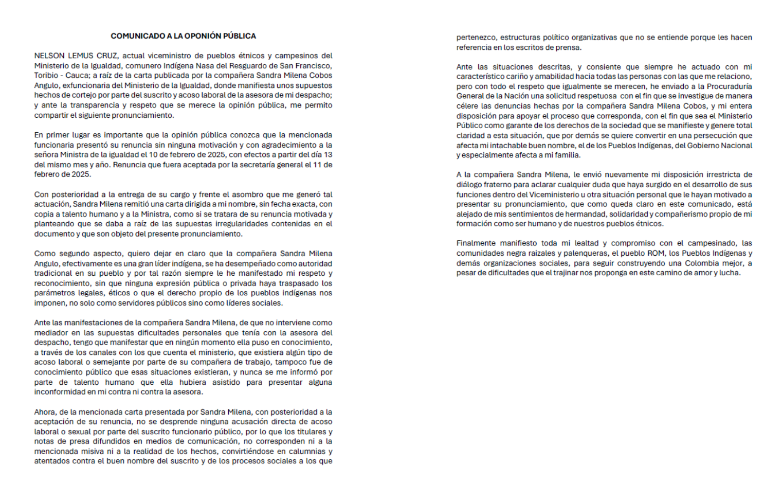 Comunicado del viceministro Nelson Lemus