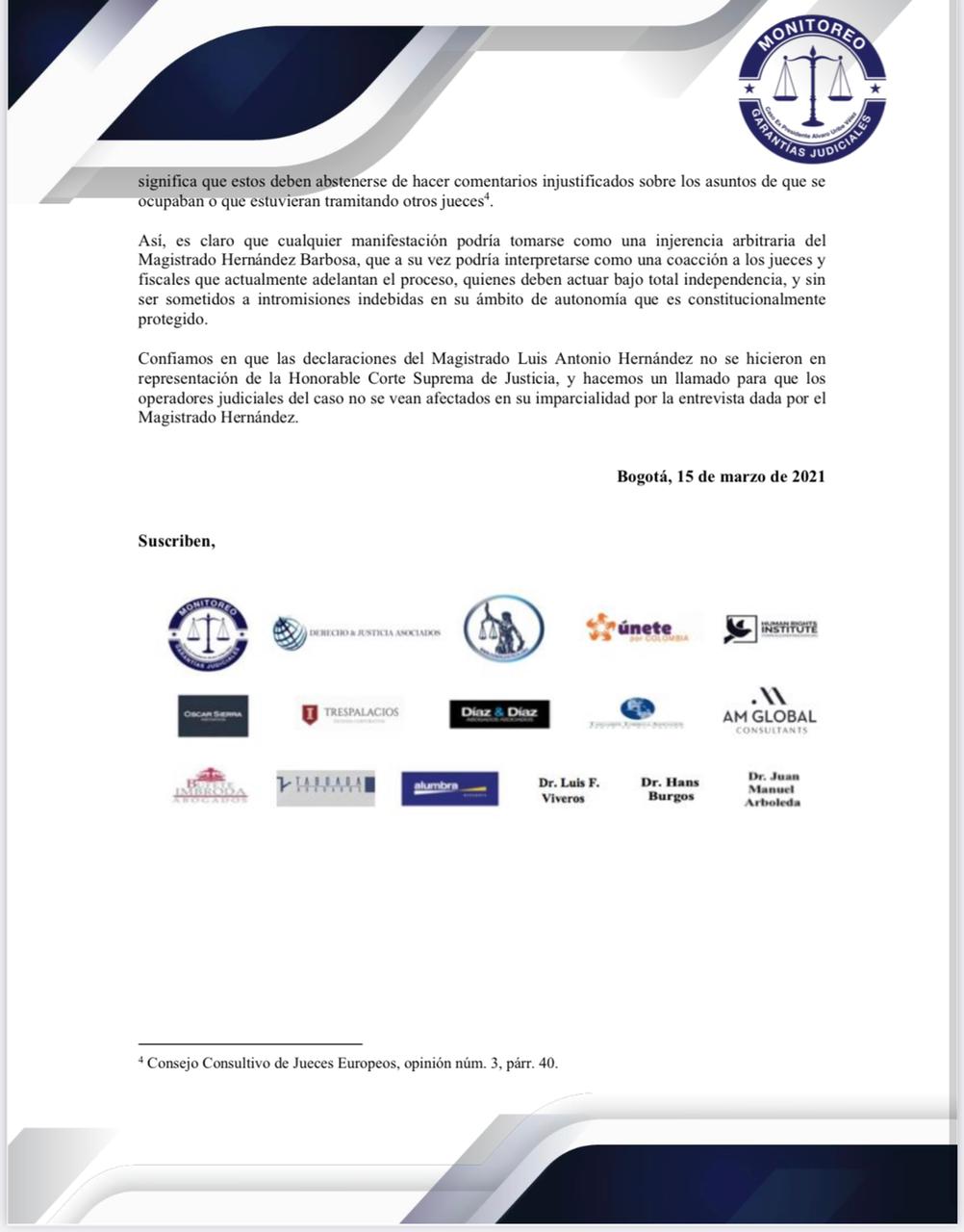 Comunicado equipo de monitoreo del caso Uribe"