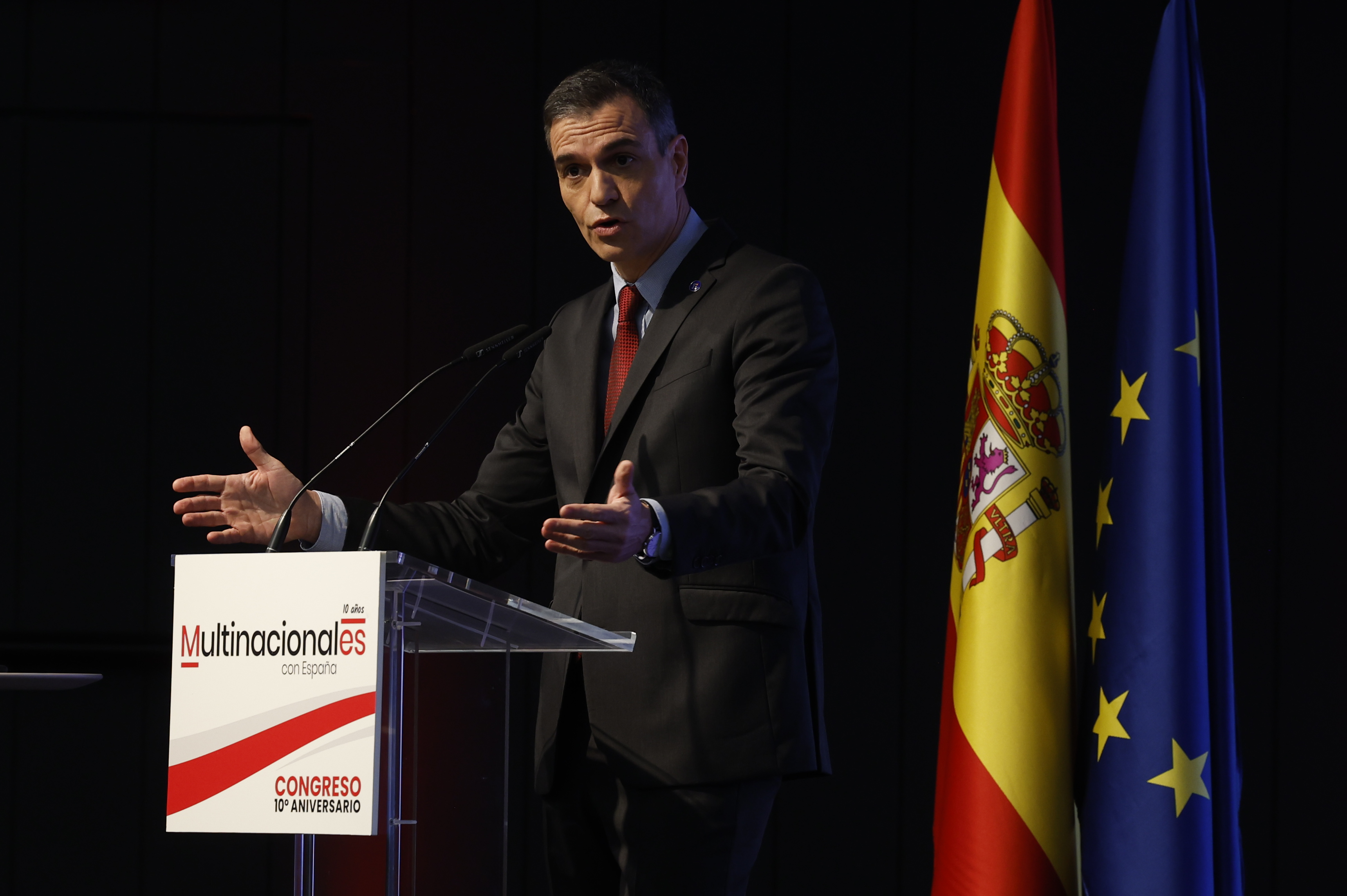 MADRID, 28/11/2023.-El presidente del Gobierno, Pedro Sánchez, este martes durante la clausura el Congreso Anual de Multinacionales con España, bajo el título 'Una década de expansión ininterrumpida de inversión' en la Fundación Pablo VI en Madrid.-EFE/ JJ Guillén