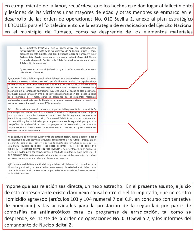 Pie de foto: Este es el documento y los apartes donde la Procuraduría pidió que el caso de El Tandíl pase a la Justicia Penal Militar.