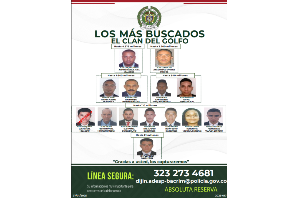 Cartel de los más buscados del Clan del Golfo.