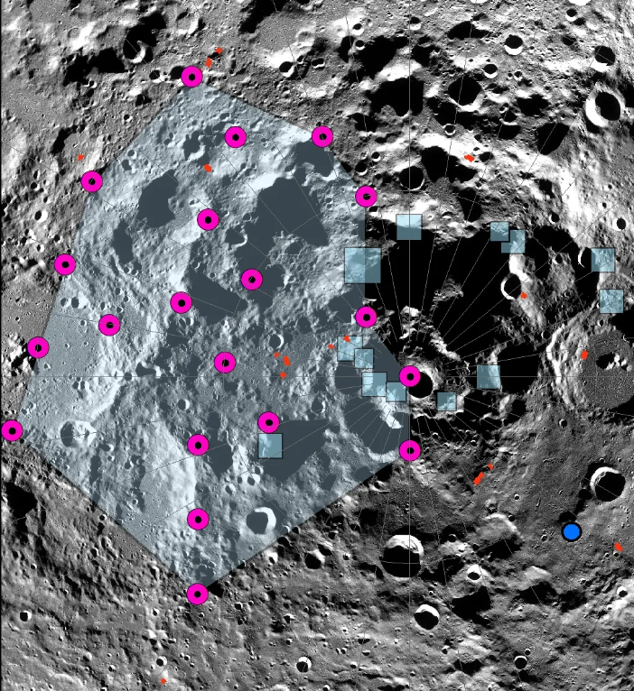 El epicentro de uno de los terremotos lunares más fuertes registrados por el Experimento Sísmico Pasivo Apollo se localizó en la región polar sur lunar. Sin embargo, la localización exacta del epicentro no pudo determinarse con precisión. Cerca del polo se distribuye una nube de posibles localizaciones (puntos magenta y polígono azul claro) del fuerte terremoto lunar de poca profundidad utilizando un algoritmo de reubicación adaptado específicamente para redes sísmicas muy dispersas. Los recuadros azules muestran las ubicaciones de las regiones propuestas para el alunizaje de Artemis III. Las pequeñas líneas rojas muestran las escarpas de las fallas de empuje lobuladas. La nube de ubicaciones de epicentros abarca varias escarpas lobuladas y muchas de las regiones de aterrizaje de Artemis III.
