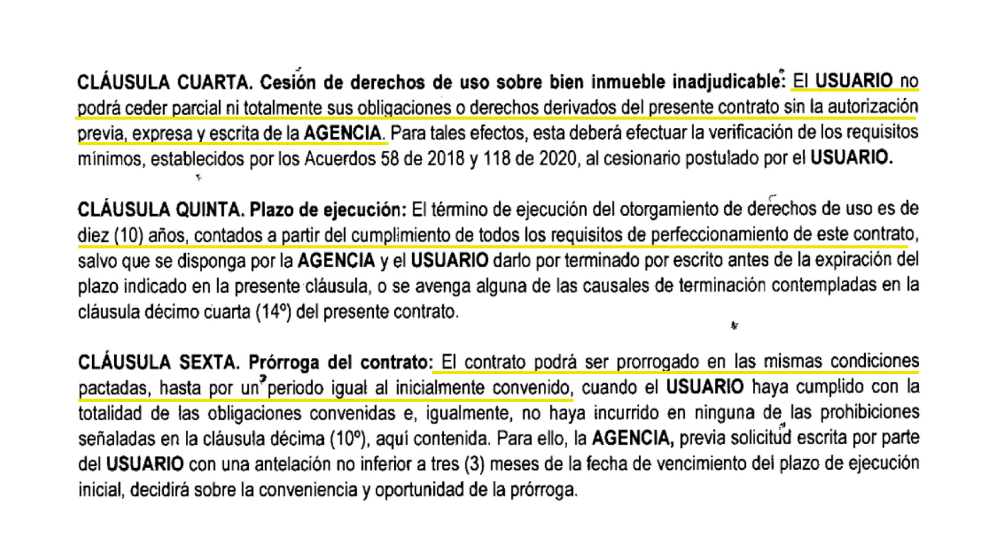 Estas son algunas de las cláusulas de los contratos de derechos de uso sobre predios baldíos firmados en Tierralta, Córdoba por 111 campesinos.