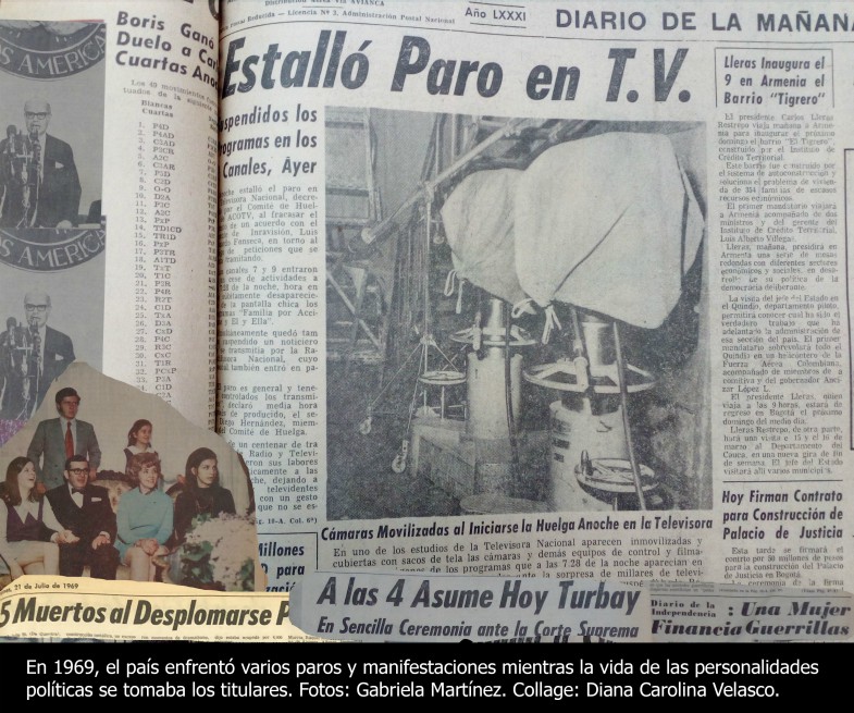 CollageDiana Carolina Velasco y Gabriela MartínezAparte de la tensión política y mientras los astronautas se enfocaban en su preparación para ir a la Luna y volver a la Tierra con éxito, en Colombia el cambio de tarifas y condiciones de los buses de transporte público aquejaba a la comunidad y a las centrales obreras. Los titulares decían “escoja su bus, pues se establecieron tarifas diferenciales según el modelo del bus en que viajaría, que oscilaban de 45 a 60 centavos, tanto así que hubo paro nacional hasta que en la negociación, después de 25 horas seguidas de diálogo entre el presidente Lleras y las Centrales Obreras, se logró un acuerdo para revisar las tarifas de los buses.
