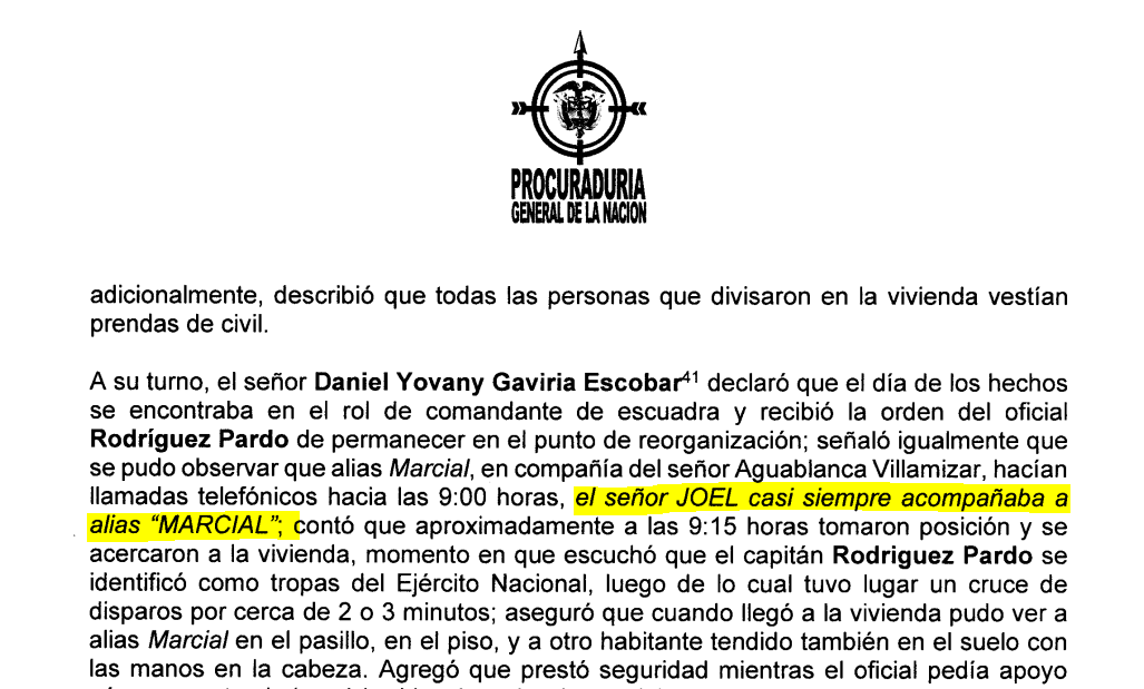 Cita de la Procuraduría con respecto a la declaración oficial de Daniel Yovany Gaviria Escobar.