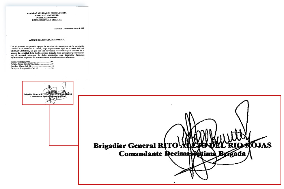 Facsímil del documento por medio del cual el condenado general Rito Alejo del Río pidió autorizar la compra de armas para la convivir Chigorodó Alegre.
