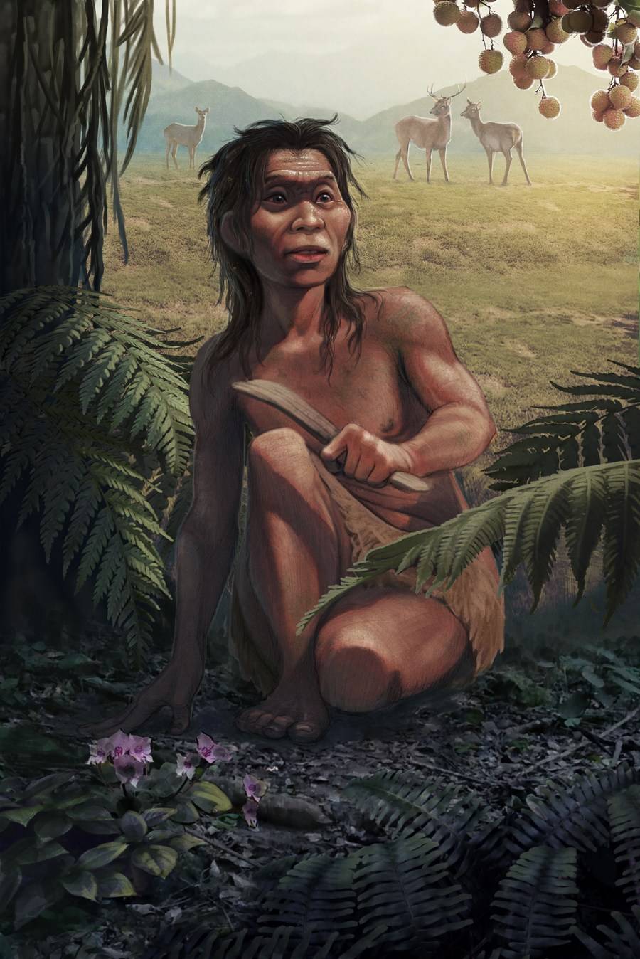 Un dibujo proporcionado por el Instituto de Zoología de Kunming de la Academia de Ciencias de China muestra la reconstrucción de una mujer "Mengzi Ren (MZR)" y su entorno de vida.