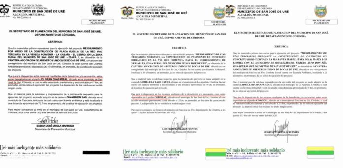 Certificados de la Alcaldía de San José de Uré que designan a las fincas Chaparral y Corozal como depósito de escombros para los consorcios Versalles, Corredor Vial y vía a la vereda El Cerro.