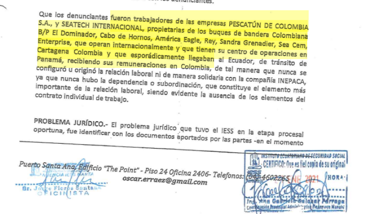 Respuesta de Inepaca en medio del proceso antes el IESS iniciado por los marinos.
