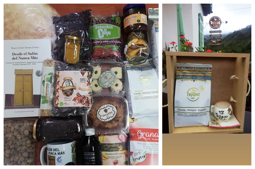También pueden armar sus propias anchetas con los productos de la primera foto: bizcocho arriero, flor de jamaica, curcuma, frijol rojito, miel pura, frutas deshidratadas, café 250 y 500 g., panela orgánica pulverizada, galletas, alfajores, cacao, barras de granola, mermelada de mora orgánica, sacha inchi, cold brew, libro del Salón del nunca más. La segunda ancheta (café de origen Tejipaz 250g y pocillo artesanal Tejipaz) cuesta$36.000
