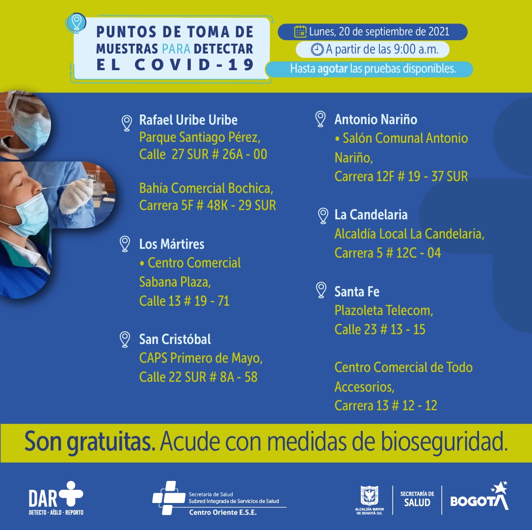 En estos puntos habrá pruebas gratuitas para COVID-19 este lunes en Bogotá