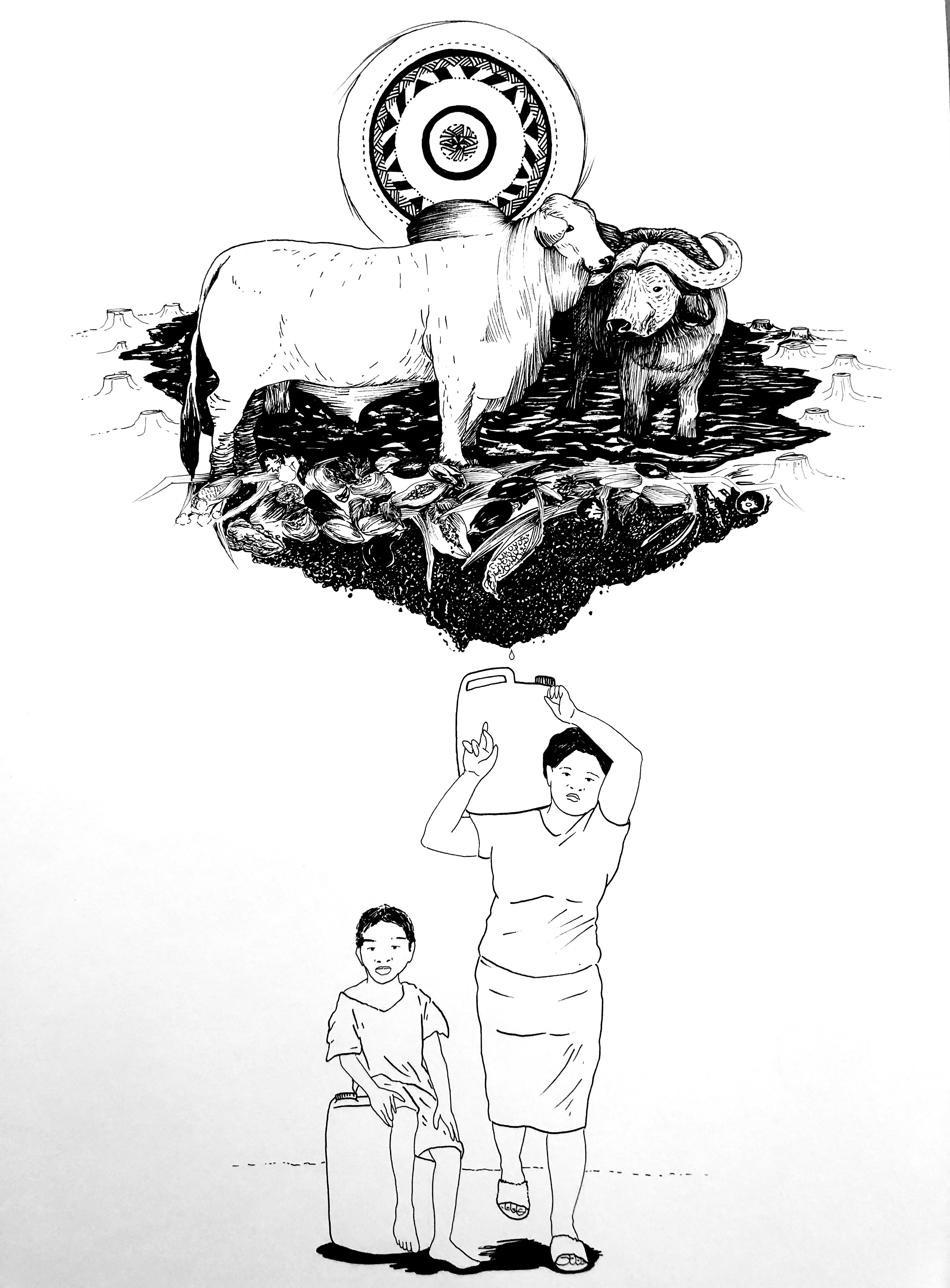 La artista Jennifer Medina retrata en esta ilustración las cargas desiguales de lo natural y lo humano, a propósito del diálogo de saberes de ¡Re-Imaginemos! sobre la desigualdad en el