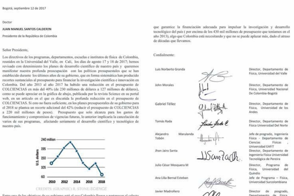 Físicos colombianos le piden a Santos revisar el presupuesto para ciencia y tecnología. 