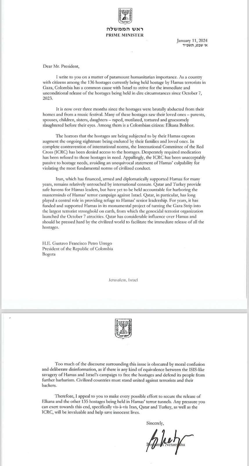 Esta es la carta que envió el primer ministro israelí, Benjamin Netanyahu, al presidente de Colombia, Gustavo Petro.