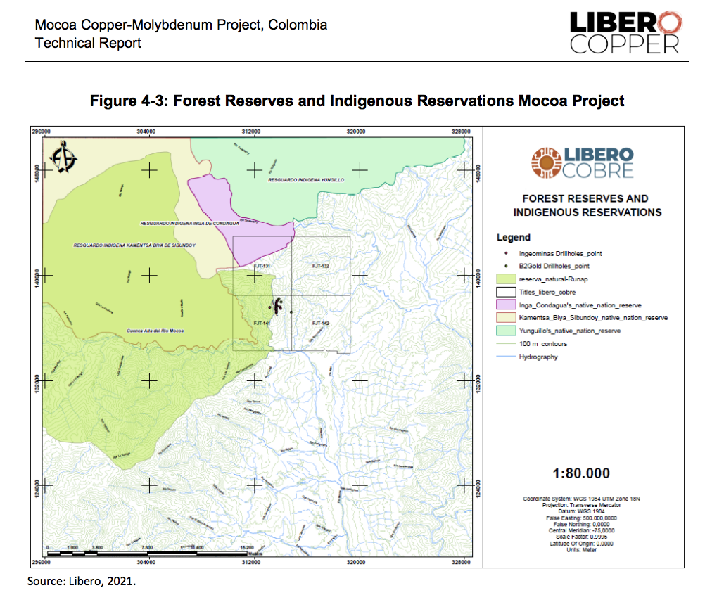 Mapa de Libero mostrando el traslape de sus títulos mineros con resguardos de la zona.