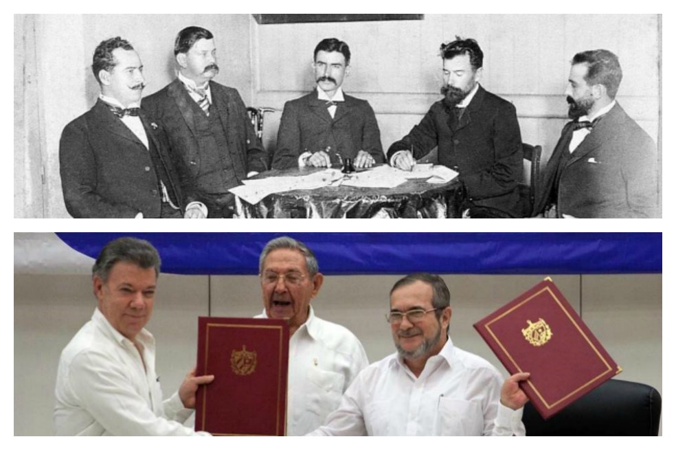Superior: Firma del Tratado de Wisconsin al final de la Guerra de los Mil Días. Víctor Salazar y Alfredo Vásquez por el conservatismo, y Eusebio Morales, Lucas Caballero y Benjamín Herrera por los liberales.
Inferior: “Iván Márquez” y el delegado del Gobierno, Humberto de la Calle, con Bruno Rodríguez, canciller de Cuba.  / / AFP y Archivo