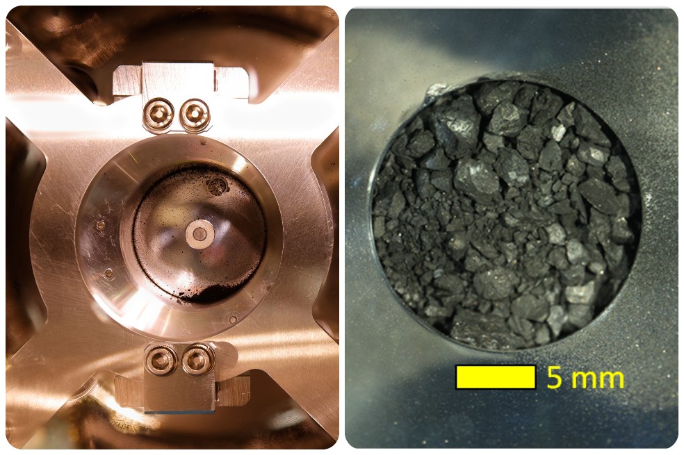 A la izquierda, la cápsula en la que venía la muestra tomada del asteroide Ryugu. A la derecha, la muestra ya abierta.