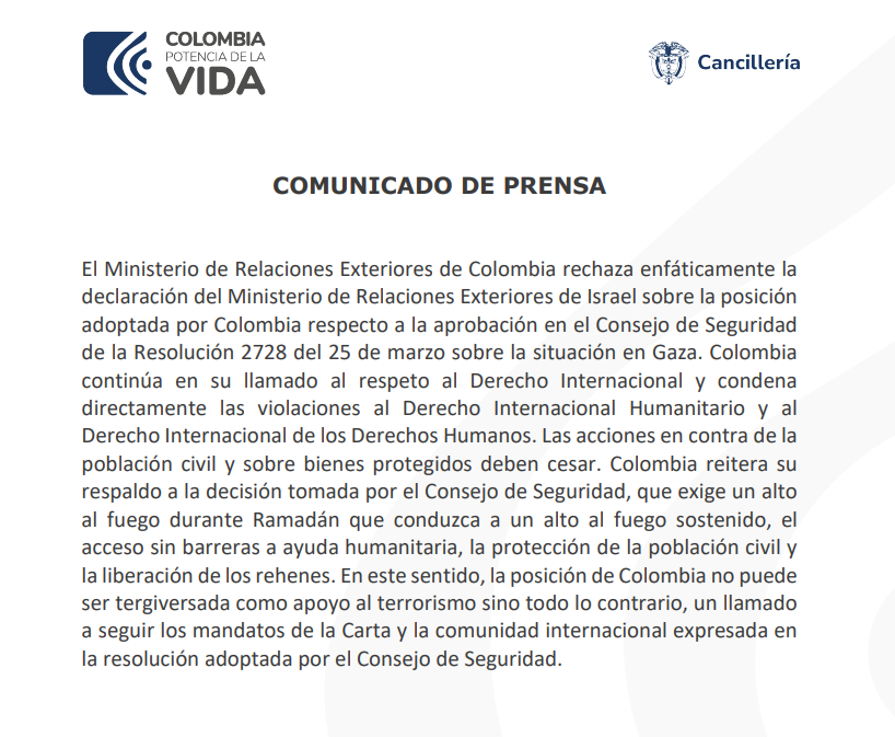 Este fue el comunicado de prensa que publicó la Cancillería colombiana sobre las declaraciones del ministro de Exteriores de Israel.