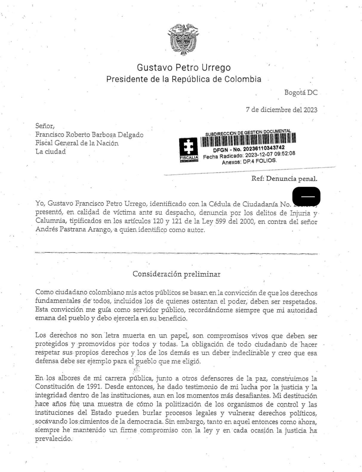 Radicado contra Pastrana