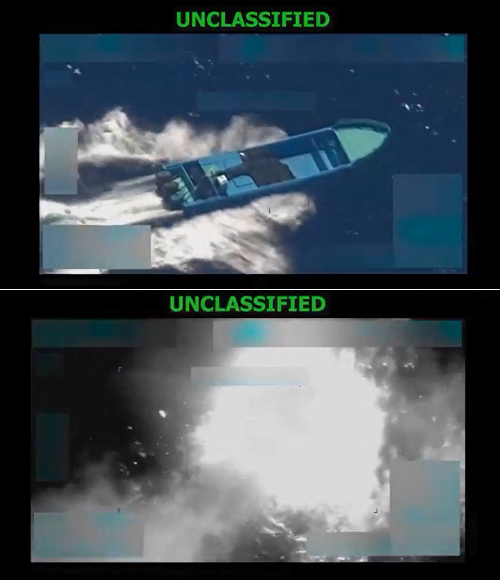 This combination of screen grabs images from a video posted by US Defense Secretary Pete Hegseth on his X account on October 22, 2025, shows what Hegseth says is US military forces conducting a strike on a vessel being operated by a "designated terrorist organization conducting narco-trafficking" in the Eastern Pacific Ocean on October 21, 2025.