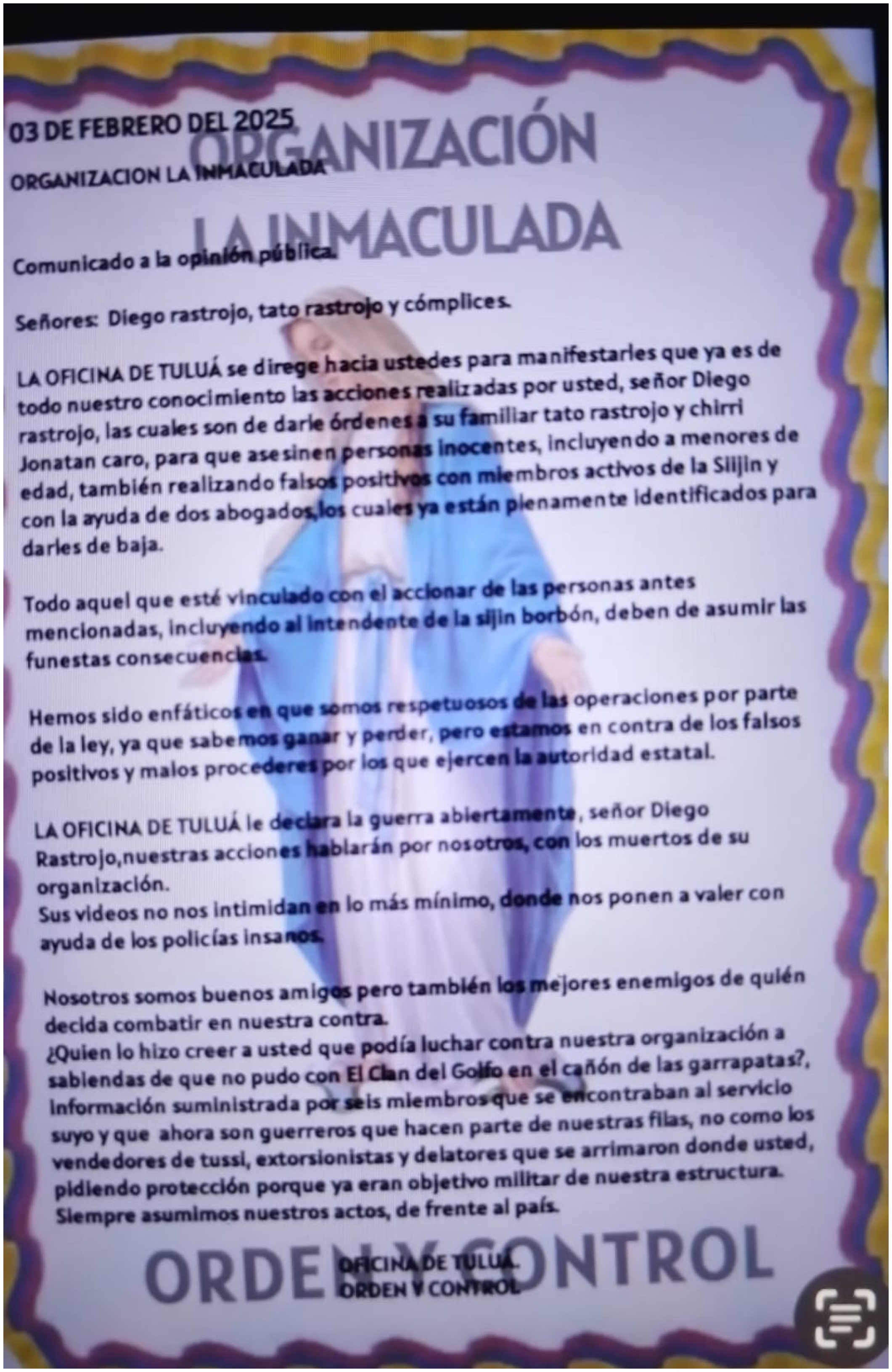 Panfleto amenazante de La Inmaculada contra Diego Rastrojo./ Archivo particular.
