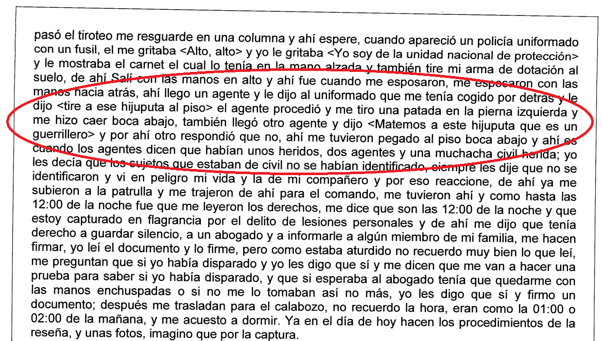 Declaración ante la Fiscalía del exguerrillero y escolta Leonardo Agudelo sobre el momento en que fue capturado tras el tiroteo.