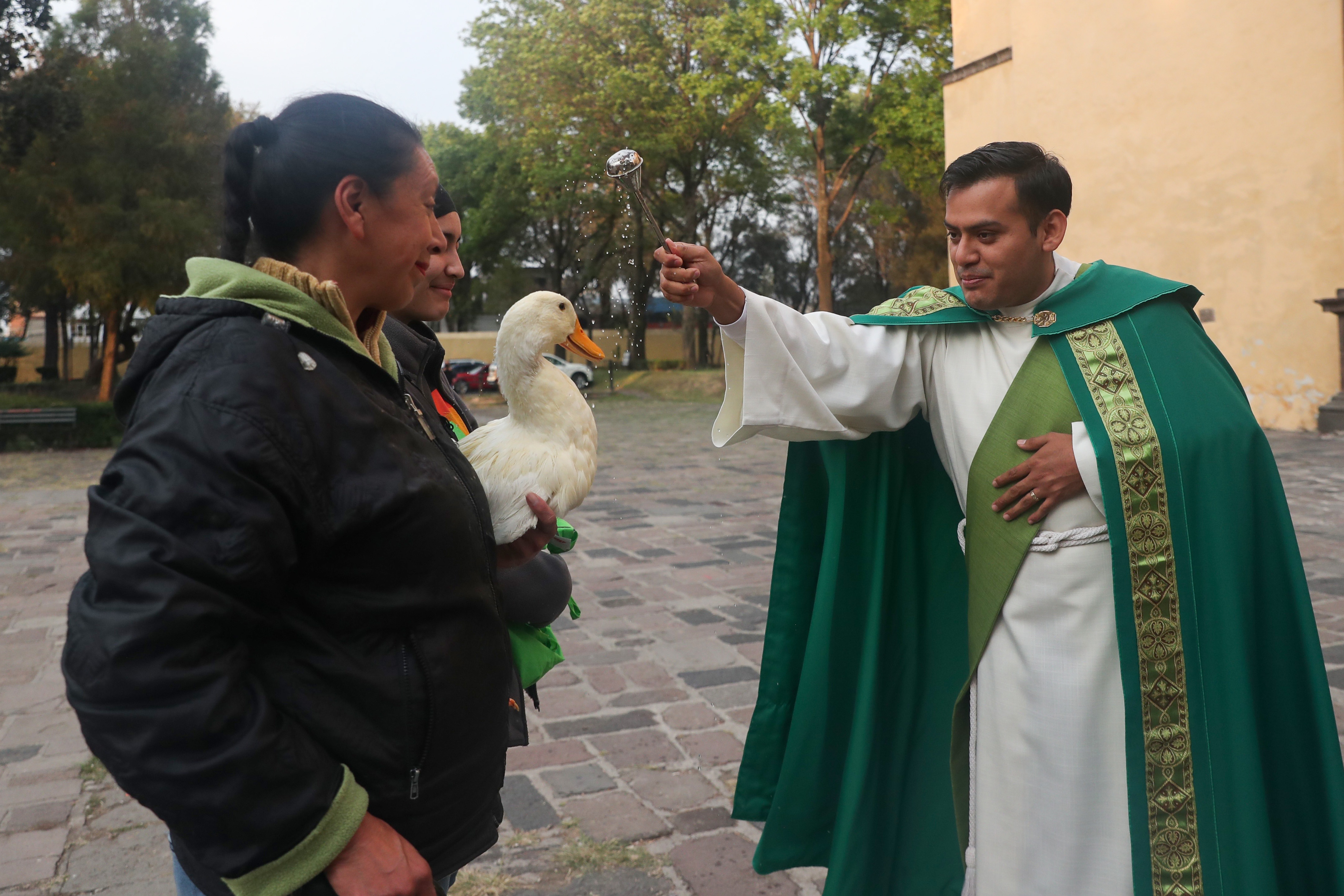 MEX4388. CIUDAD DE MÉXICO (MÉXICO), 17/01/2023.- Personas llevan a sus mascotas a bendecir en el marco de los festejos de San Antonio Abad hoy, en Ciudad de México (México). Como si de una pasarela se tratara, cientos de mascotas y animales de campo desfilaron, con sus mejores vestidos, collares y hasta con gafas de sol, por el atrio de la iglesia de San Antonio Abad, quien es recordado como el santo protector de los animales y cuyo santoral se celebra este martes 17 de enero. EFE/Sáshenka Gutiérrez