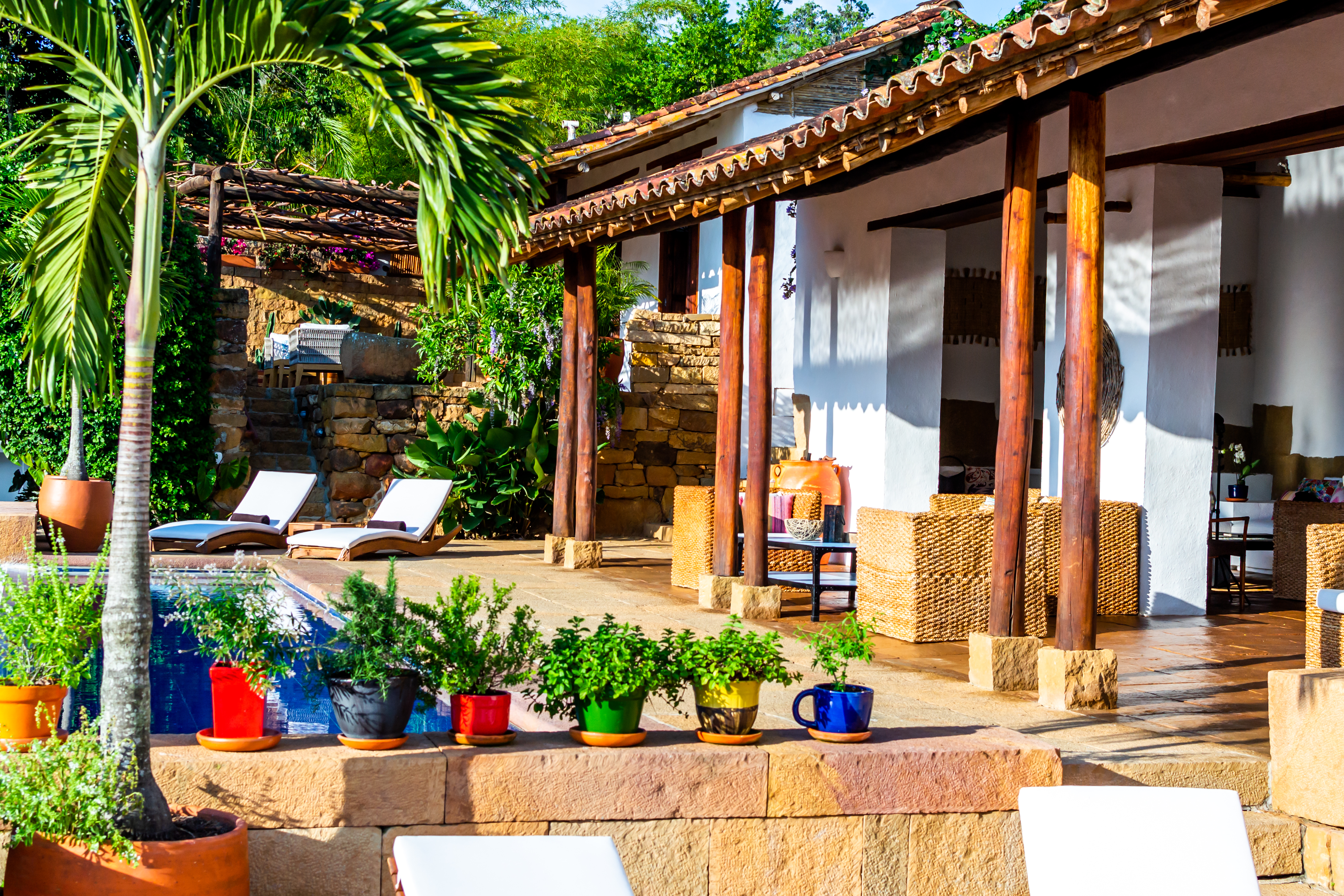 Imagen de un hotel con piscina, palmeras y plantas.