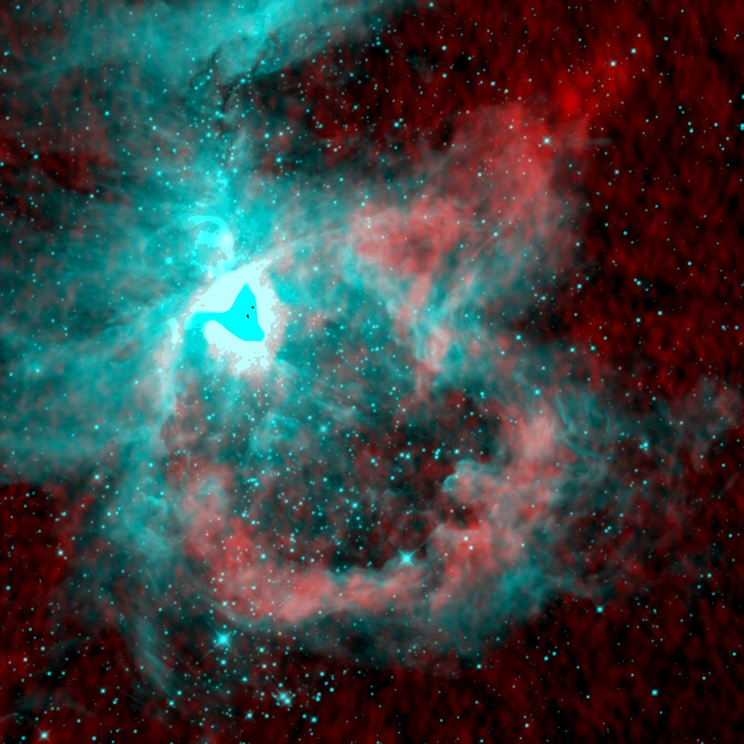 Los colores rojos muestran la emisión de hidrógeno a 21 cm, resuelta por primera vez con este nivel de detalle. Los colores cian muestran la emisión de polvo interestelar caliente en luz infrarroja cercana.