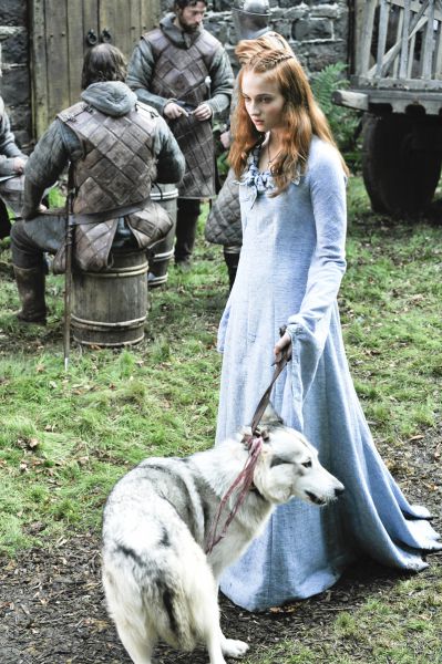 Otro vestuario que cambió significativamente es el de Sansa Stark. En la primera temporada, ella le contó a Cersei que hacía sus propios vestidos, ropas discretas y de colores neutros que retrataban su inocencia y admiración por sus padres. Con el paso del tiempo, por influencia de la familia real, adopta vestidos más llamativos, pero que aún no se alinean exactamente con su personalidad, reflejando las incertidumbres vividas por ella. Entre las tragedias y dificultades que atravesaron su historia, su vestuario evolucionó junto a su personalidad. En la quinta temporada, Sansa vuelve a comentar que es la responsable de su vestimenta, esta vez con Myranda. Ahora, los colores más oscuros y sobrios, y piezas como vestidos bien ajustados, cinturones y capas, se asocian a la representación de su distanciamiento de los hombres y la recuperación del control sobre su propio cuerpo.
